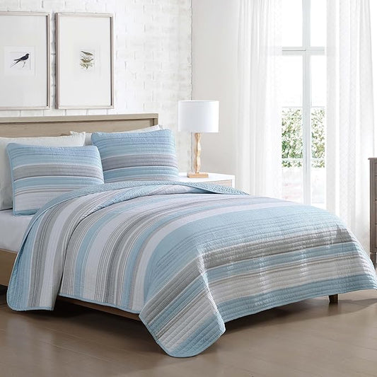 Beatrice Home Fashions Coralinn Striped 3-Piece Quilt Set, Lightweight, All-Seasons, Full/Queen, Blue Gray