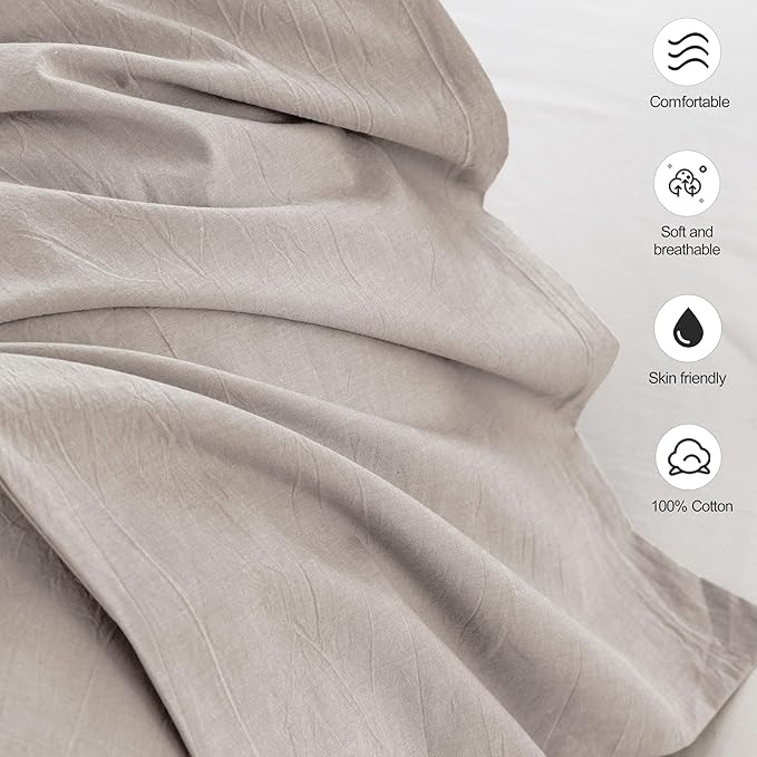 MooMee Bedding Pillowcases Pack of 2 100% Washed Cotton Linen Like Textured Breathable Durable Soft Comfy (Heathered Brownish Grey, Queen)