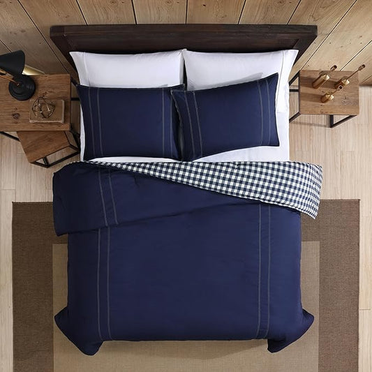 Eddie Bauer - King Comforter Set, Reversible Cotton Bedding with Matching Shams, Pre-Washed for Added Softness (Kingston Navy, King)