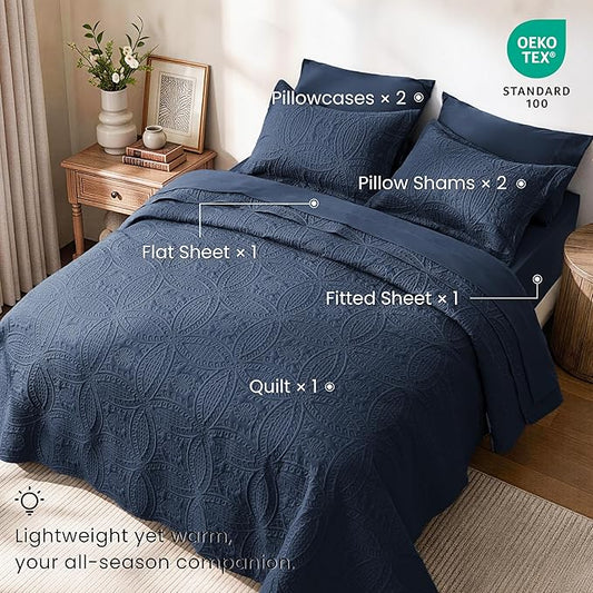 Love's cabin King Quilt Set Navy, Bed in a Bag King Size Bedding 7 Pieces, Ultrasonic Embossed Coin Pattern Comforter, Lightweight Bedspreads for All Seasons Quilt with Sheets, Pillowcases & Shams