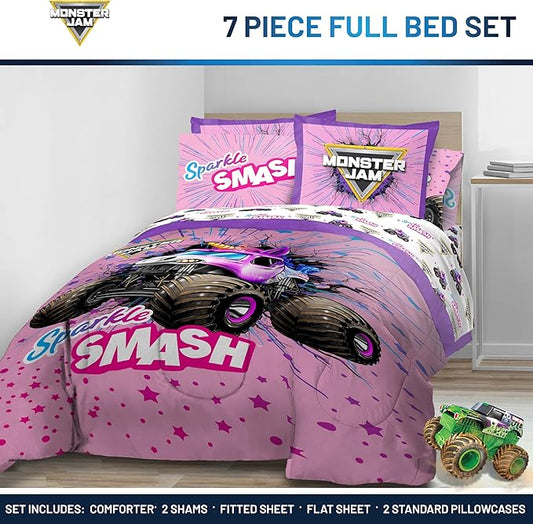 Jay Franco Kids Comforter Set Includes Sheets and Pillow Covers - Soft and Cozy Bed Set for Stylish Room Decor, Pink - Monster Jam, 7 Piece Full Bedding