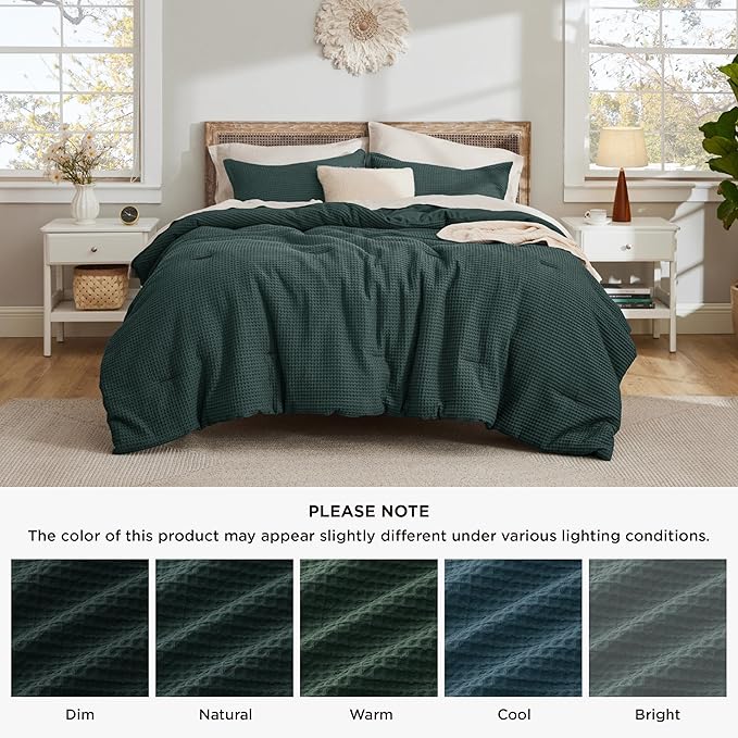 Bedsure Waffle Comforter Set King, Forest Green Soft Bedding, Waffle Weave Bed Set, 3 Pieces, 1 Comforter (104"x90") and 2 Pillow Shams, Cotton Shell and Polyester Lining for All Seasons