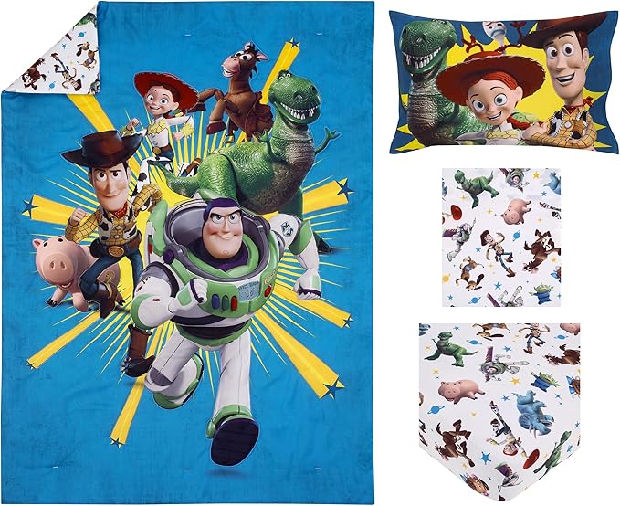 NoJo Disney Toy Story Taking Action Blue, Green and Yellow 4 Piece Toddler Bed Set - Comforter, Fitted Bottom Sheet, Flat Top Sheet, and Reversible Pillowcase