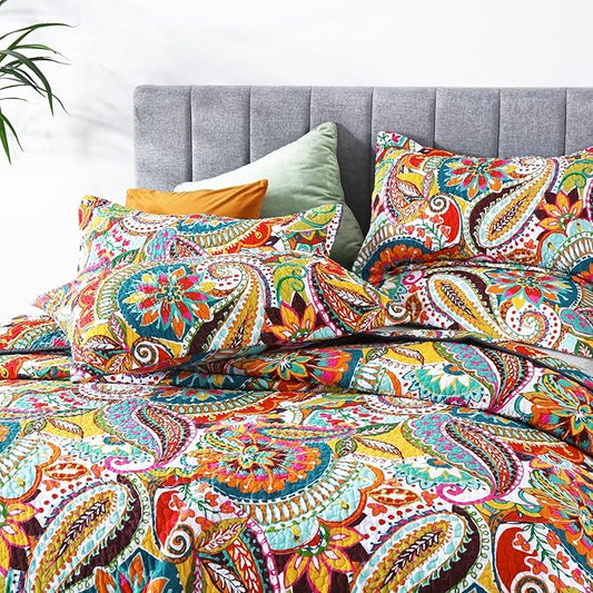 Qucover California King Quilt, Cotton Boho Paisley Quilt, 3 Piece Lightweight Oversized King Bedspread with Pillow Shams, Lightweight Colorful Bedding Comforter Sets, 118x106