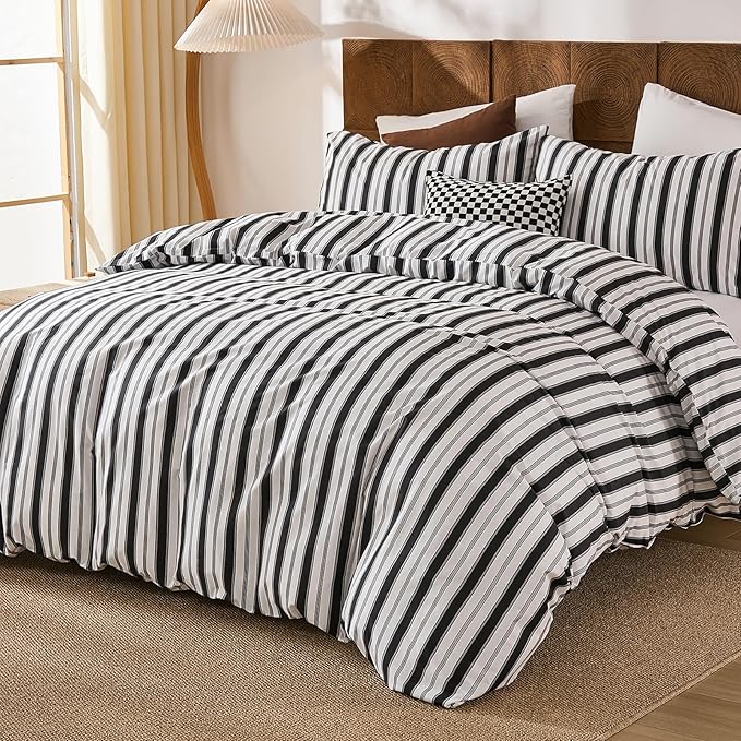 Merryword 100% Cotton Duvet Cover Set Queen Size - Black and White Striped Duvet Cover Set, Modern Minimalist Pinstripe Comforter Cover with Pillowcases, Soft Breathable Bedding Set for All Seasons