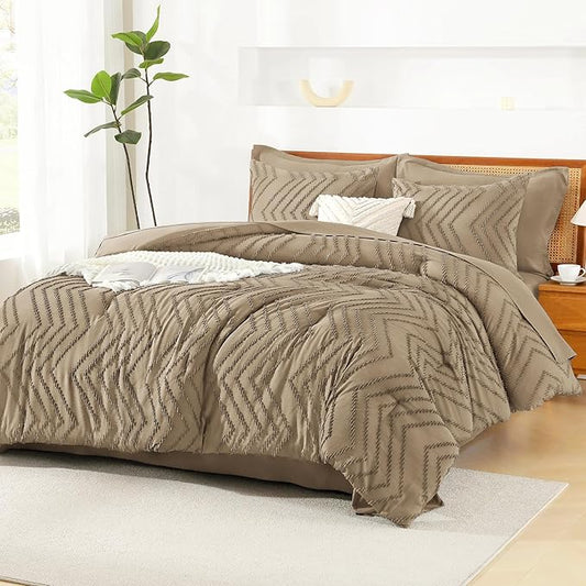Litanika Taupe Comforter Set King Size with Sheets - 7 Pieces King Bed in a Bag Boho Tufted Complete Bedding Sets with Comforter, Sheets, Pillowcases & Shams