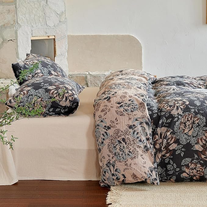 BISELINA 100% Cotton Muslin Duvet Cover Set Queen, 3 Pcs Yarn-Dyed Jacquard Textured Garden Flower, Soft and Breathable Bedding Set with Zipper Closure, Dark Blue Khaki