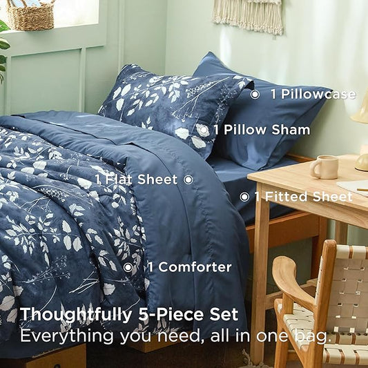 Bedsure Navy Twin XL Comforter Set - 5 Pieces Floral Bedding Sets Twin XL Bed in a Bag with Reversible Botanical Flowers Comforter, Sheets, Pillowcase & Sham