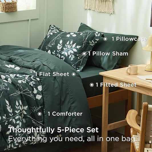 Bedsure Forest Green Twin XL Comforter Set - 5 Pieces Floral Bedding Sets Twin XL Bed in a Bag with Reversible Botanical Flowers Comforter, Sheets, Pillowcase & Sham