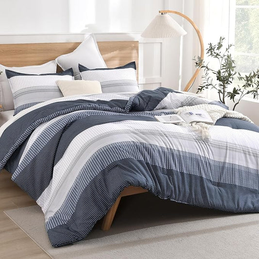 Litanika Comforter Set - Lightweight Quilt Bedding Comforter Sets, Colorblock Stripe Fluffy Bed Set, All Season Down Alternative, King Black Blue