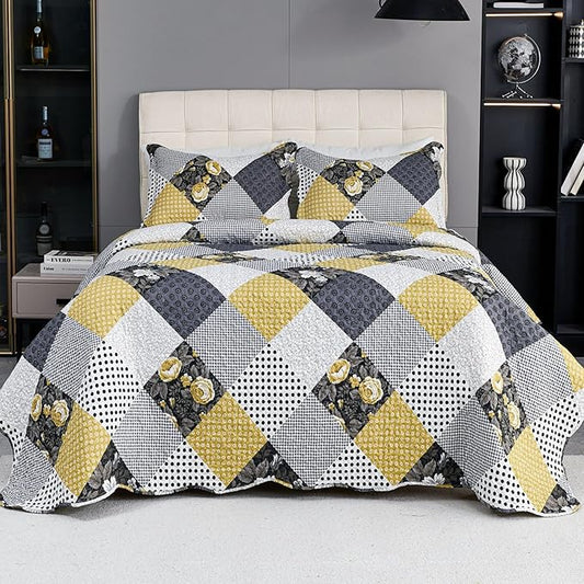 Cmfshape Summer Floral Queen Bedspread,Romantic Khaki Quilt Set Full,Reversible Stitched Bedding Set All Season,Soft Lightweight Coverlet with Pillow Cases (Khaki&Dark, Queen90 x90)