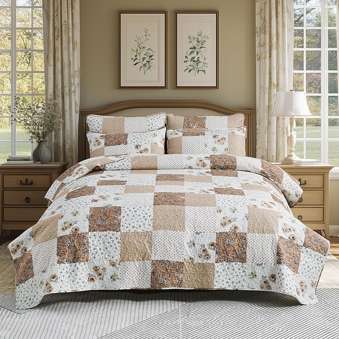 VIVILINEN Full Queen Size Brown Floral Plaid Patchwork Quilt Set Reversible Quilted Bedspread Coverlet Set 3-Piece Comforter Bedding Set Bed Cover with 2 Pillow Shams