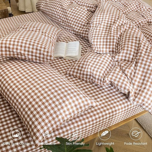 MooMee Bedding Pillowcases Gingham Pack of 2 100% Washed Cotton Linen Like Textured Breathable Durable Soft Comfy (Classic Gingham Dark Orange, Standard)