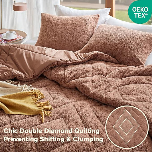 Comfort Spaces King Comforter Set Reversible Feather-Soft Plush Comforters for King Size Bed All Season Lightweight Shearling Fleece Sherpa Comforter King Size Bed Set, King/Cal King, Brown 3 Piece