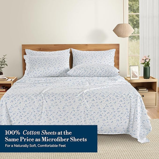 Casa Platino Queen Bed Sheets Set – 100% Cotton Sheets Queen with 4 Pillowcases, Ultra Soft & Breathable Cool Fabric, Tailored Fit with 15" Deep Pockets, Great Everyday Sheets – Floralis