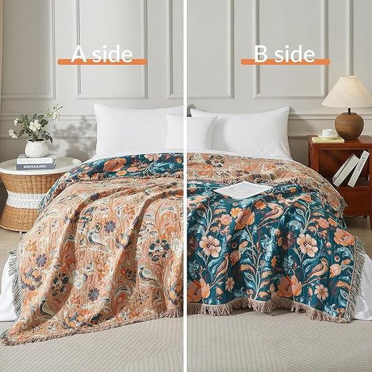 Boho Throw Blanket for Bed 60”x80”, 100% Cotton Woven Blanket for Couch Sofa, Ultra Soft 4-Layer Muslin Quilt with Floral Printed, Farmhouse Bed Blanket/Cover for Living Room Decor