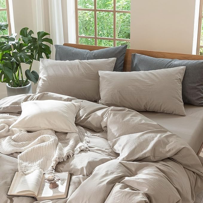 MooMee Bedding Pillowcases Pack of 2 100% Washed Cotton Linen Like Textured Breathable Durable Soft Comfy (Solid Light Tan, King)
