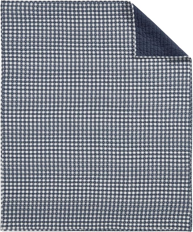 Levtex Home - Camden Gingham Stitch Navy Quilted Throw (50x60in) - Textured Gingham - Lightweight Cotton Throw Blanket - Navy and White - Reversible - Cotton