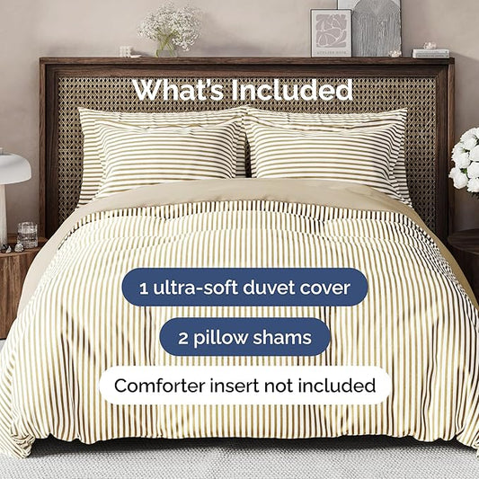 Duvet Cover King Size Set - Extra Soft King Duvet Cover 104" x 90" with 2 Pillow Shams - Hotel Luxury, Easy Care, Fade Free with Zipper Closures & Ties - All Season, Comfy & Breathable (Beige Stripes)