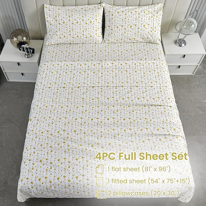 Softan Yellow Floral Bed Sheets Full Flower Printed Sheets - Patterned Microfiber Fitted Sheets Full with 15" Deep Pocket & Non-Slip Straps, Cute Flower Sheets & Pillowcase Set