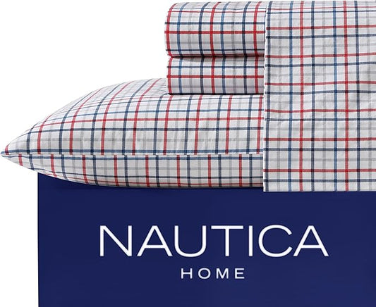 Nautica - Queen Sheet Set, Cotton Percale Bedding Set, Crisp & Cool, Lightweight & Breathable (Boating Tattersall Red, Queen)