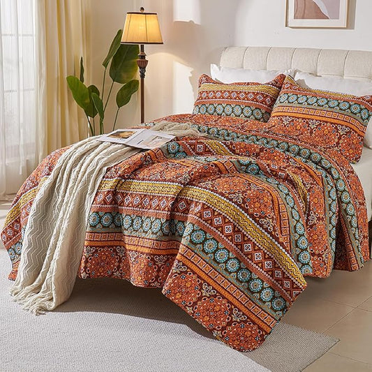 Cmfshape Orange Quilt Sets Bedspread Set 100% Cotton Boho Bedding Set, All Season Use Lightweight Reversible Coverlet Quilts with 1 Pillow Shams(Twin 68"x86")