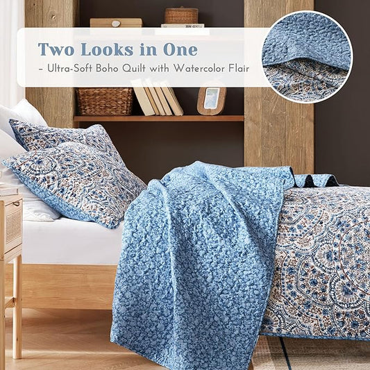 Comfort Spaces Valerie Boho Quilt Set King Blue - Soft Lightweight Bedding with Watercolor Medallion Design, Reversible All Season Quilt for Master Bedroom or Guest Room