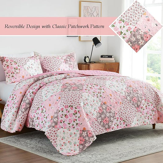 Whale Flotilla Patchwork Quilt King Size, Extra Soft Boho Floral Bedspreads for Bed Reversible Lightweight King Quilt Bedding Set Printed Coverlets with 2 Pillow Shams for All Seasons, Pink