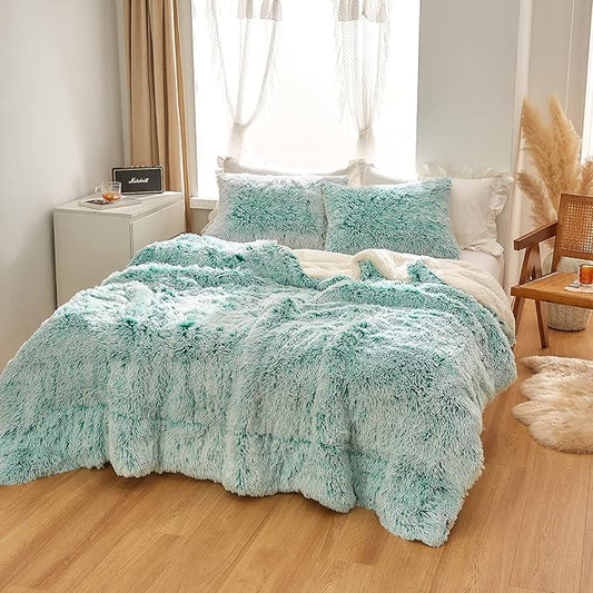 Luxury Faux Fur Shaggy Comforter Set King Size, Plush & Sherpa Reversible Comforter Teal with White, 3 Pieces Fluffy Fuzzy Bedding Set Ultra Soft and Warm for Winter (1 Comforter + 2 Pillowcases)