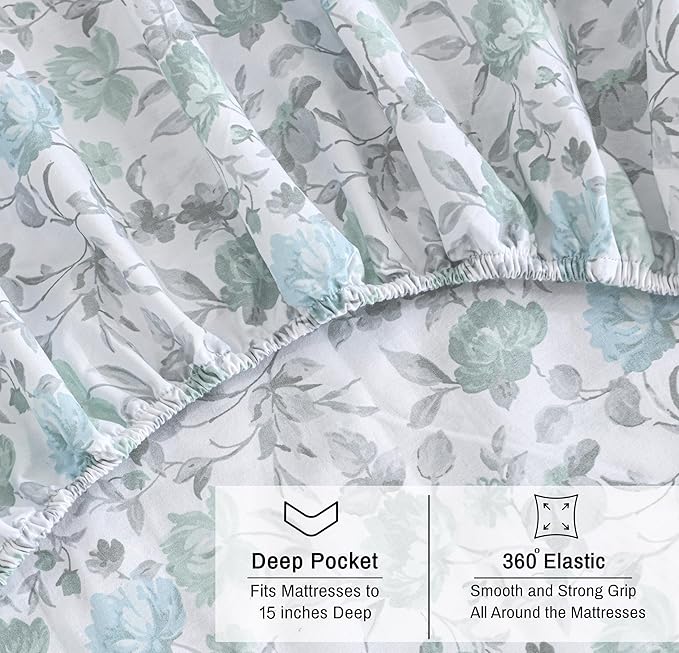 RUVANTI 100% Organic Cotton Sheets Full Size, Percale Weave, GOTS Certified, 4-Piece Set, Deep Pocket 15", Crisp & Breathable, Soft Durable Bedding, Sábanas Algodón Orgánico – Cold Chrysanthemum