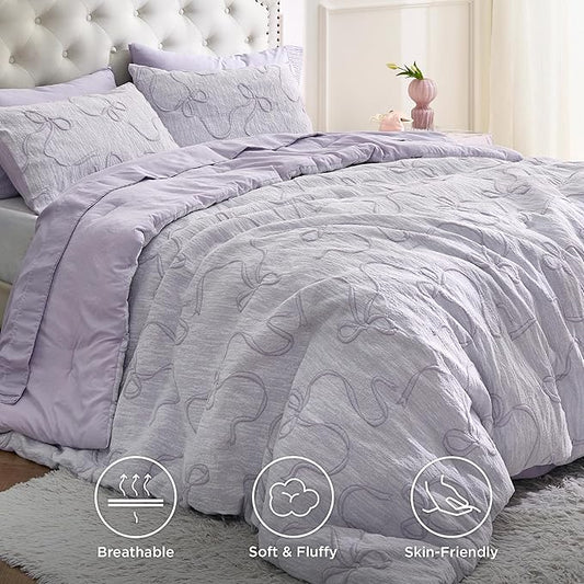 Bedsure Purple King Size Comforter Set, GentleSoft™ 3 Pieces Breathable Bow Comforter Set Women with 2 Pillow Shams, Cute King Bedding Set Purple Room Decor Aesthetic Bedroom Decor, 104x90 Inches