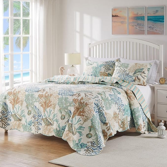Greenland Home Atlantis Coastal Sea Coral Oversized Reversible Quilt Set, 3-Piece Full/Queen, Jade