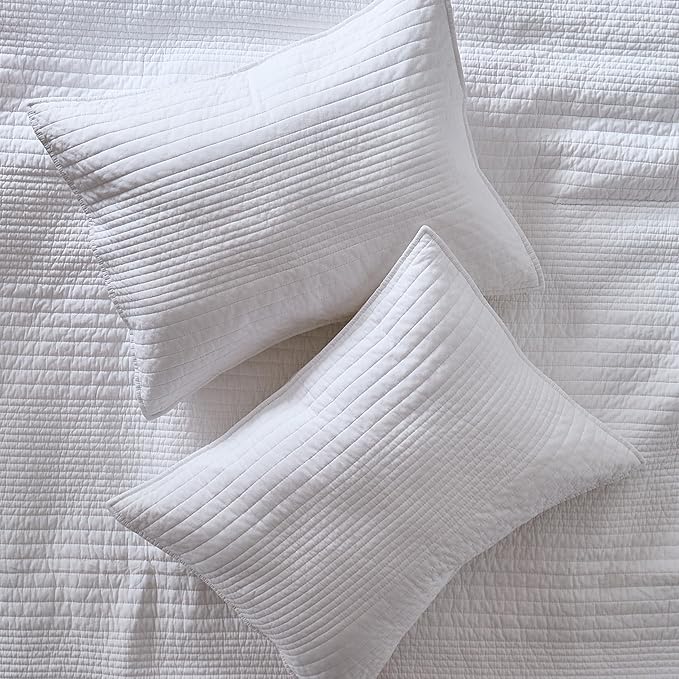 palassio Striped White 100% Cotton Quilt California Cal King Size Bedding Sets, Oversized Lightweight Channel Pick Stitch Textured Bedspread Soft Farmhouse Country Coverlet for All Season, 2 Shams