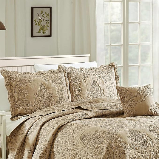 Home Soft Things Damask 4 Piece Bedspread Set,Scalloped Edge Reversible Quilt Coverlet Comforter Prewashed Bedding Set, Matelasse Embossed Floral Solid Pattern,Incense Oversize Queen(110" x 120")