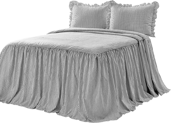 Lush Decor Ticking Stripe Bedspread Full Size 3 Piece Set Black - Ruffle Bedding Set Full Bedspreads - Kids Bedding - Farmhouse & Coquette Decor