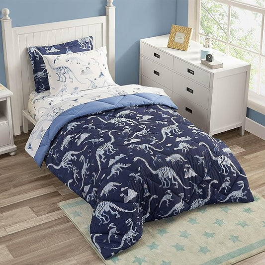 Blue Dinosaur Twin Comforter Set for Boys, 5 Pieces Kids Bedroom Bedding with Sheets and Pillowcase, Super Soft Lightweight for All Season, Machine Washable