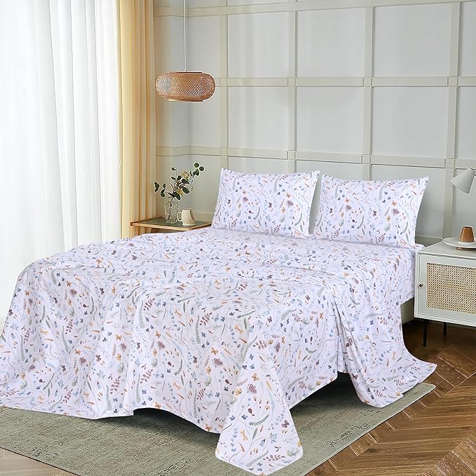 RUVANTI 100% Cotton Sheets – California King Percale Bedding, Cooling & Breathable Floral Design, Durable with a Crisp, Soft & Comfortable Feel, 14" Deep Pocket, 4-Piece Set, Fern Class