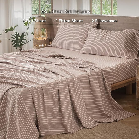 MooMee Striped Sheet Set 100% Washed Cotton Linen Like Textured Breathable Durable Soft Comfy (Dark Orange White Wide Stripes, Queen)