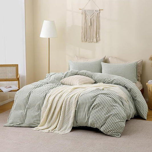 TOCOMOA Green Gingham Duvet Cover Bedding Set 100% Washed Cotton Like Linen Feel Super Soft Comfy 3 Piece Vintage Plaid Checkered Comforter Cover Set (Oversized Queen 98"x98", Comforter Not Included)