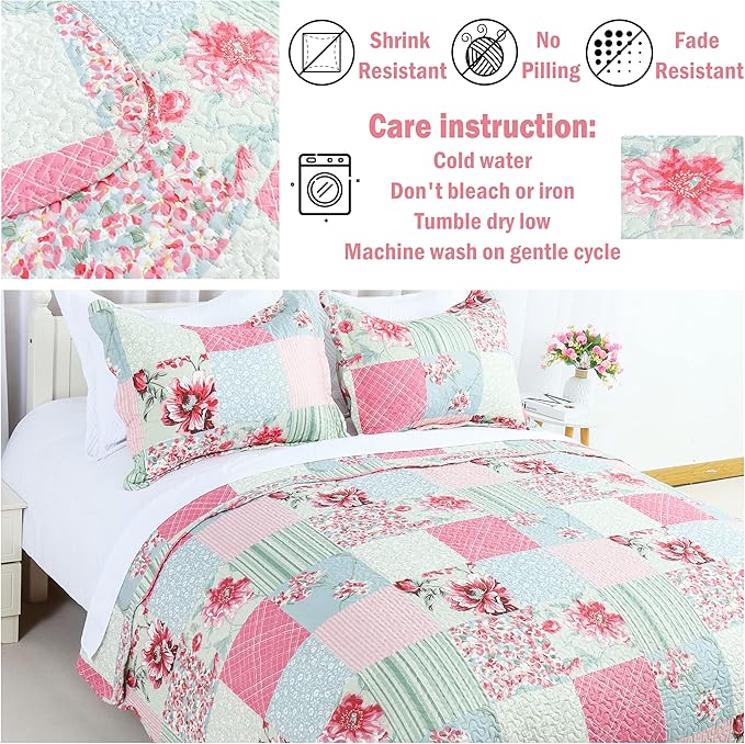 Cmfshape Summer Floral Queen Quilted Bedspread,Romantic Pink Quilt Set,Reversible Stitched Bedding Set All Season,Soft Lightweight Coverlet with Pillow Cases (Pink&Grey, Queen90 x90)