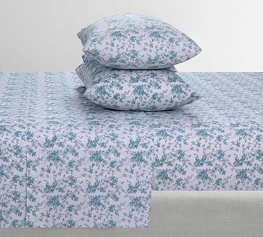 Feather & Stitch Softest 100% Cotton Sheets, 300 Thread Count Percale Weave Bedding, 16" Deep Pocket, Cooling Sheets, Breathable Bed Set, Hotel Premium Quality (Queen, Blue Floral)