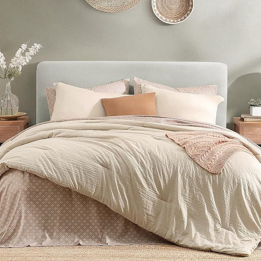 Monbix Full Size Comforter Set - 7 Pieces Oatmeal Prewashed Bed in a Bag Full Bedding Sets with Comforters, All Seasons Ultra Soft Comforter Bed Set with Sheets,Pillowcases & Shams