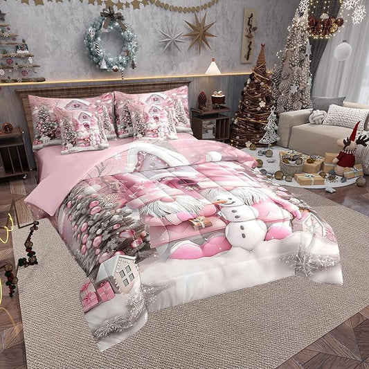 Christmas Farmhouse Full Comforter Set with Sheets Bed in a Bag 7 Pcs,Romantic Christmas Trees Bed Set,Winter Cute Snowman Bedding Sets with Comforter,Flat,Fitted Sheet,Pillowcases,Pillow Covers
