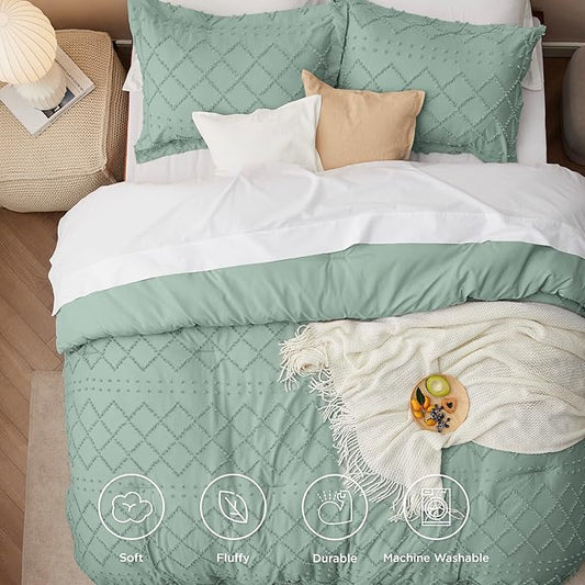 Bedsure King Comforter Set - Sage Green Comforter, Boho Tufted Shabby Chic Bedding for Kids, 3 Pieces Vintage Farmhouse Bed Set for All Seasons, Fluffy Soft Bedding with 2 Pillow Shams