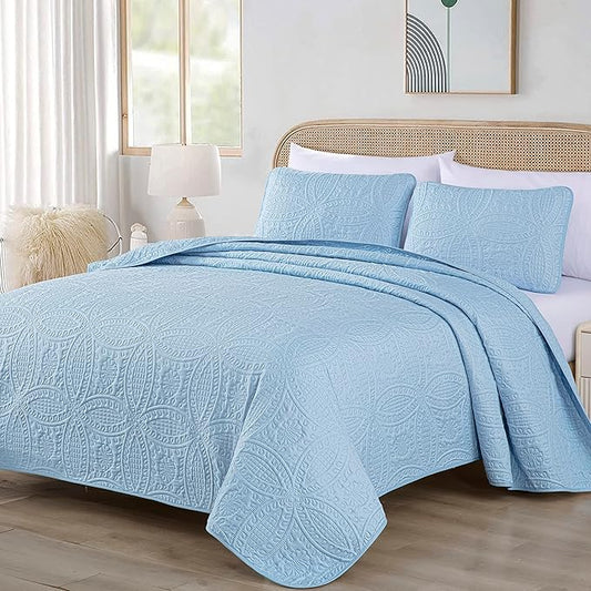 Chezmoi Collection Austin 3-Piece Oversized Bedspread Coverlet Set (Queen, Chambray Blue) | Oversized, Lightweight, Fade Resistant