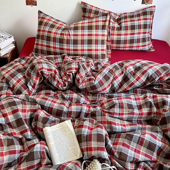 mixinni Vintage Red & Brown Buffalo Plaid Duvet Cover Set Twin XL Size - 3 Piece Washed Cotton Bedding Set with Classic Checkered Pattern, Cozy Farmhouse Duvet Cover with Pillowcases for All Seasons
