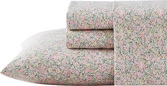 Laura Ashley - Twin XL Size Sheet Set, Crisp & Cool Sheets w/a Naturally Smooth Cotton Percale Feel, Deep Pocket, Bed Sheets with Matching Fitted Sheet & Pillowcase (Loveston Pink)