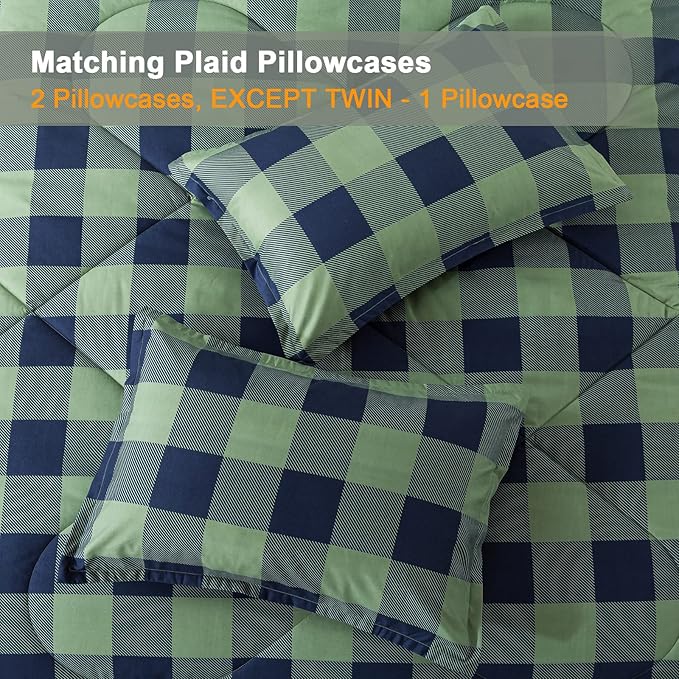 Andency Green Plaid Comforter King(104x90Inch), 3 Pieces (1 Comforter, 2 Pillowcases) Buffalo Checkered Gingham Bed Set, Soft Geometric Bedding for Boys