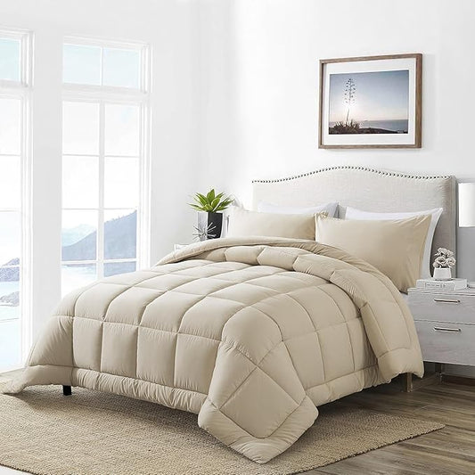 DOWNCOOL Queen Comforter Set -All Season Bedding Comforters Sets with 2 Pillow Cases-3 Pieces Bedding Sets Queen -Down Alternative Beige Queen Size Comforter Sets(88"x92")