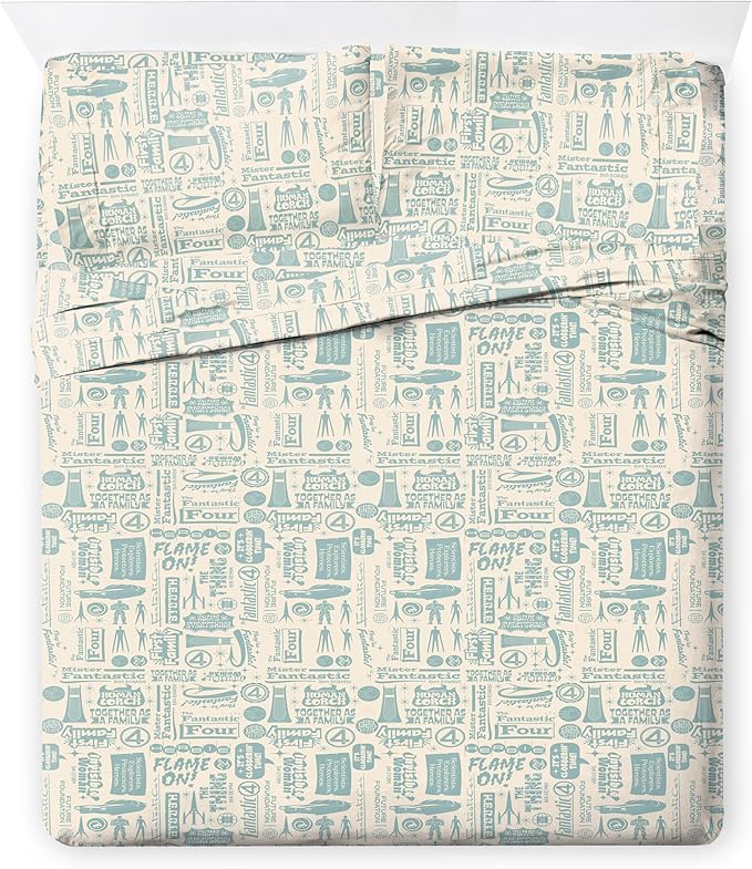 Jay Franco Comforter Set Includes Sheets and Pillow Covers - Soft and Cozy Bed Set for Stylish Room Decor, Blue - The Fantastic Four, 7 Piece Queen Size Bedding